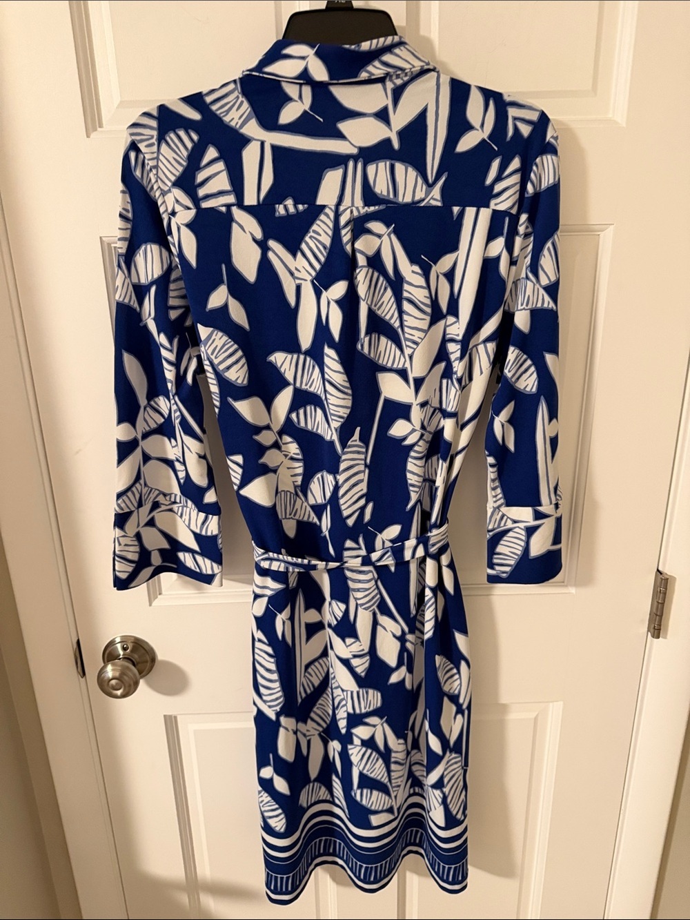 Mlle Gabrielle Royal Blue & White Leaf Print Belted Shirt Dress 3/4 Sleeve Large - Picture 6 of 7
